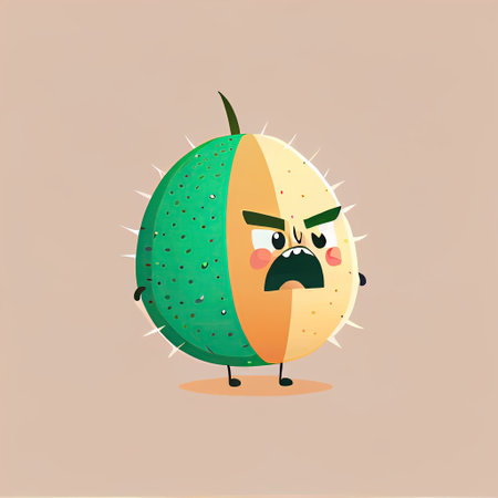 cute cantaloupe cartoon character angry, cartoon style, modern simple illustration