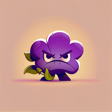 cute violet flower cartoon character angry, cartoon style, modern simple illustrationの写真素材