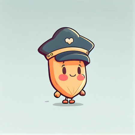 cute almond cartoon character in a captain cap, cartoon style, modern simple illustrationの写真素材
