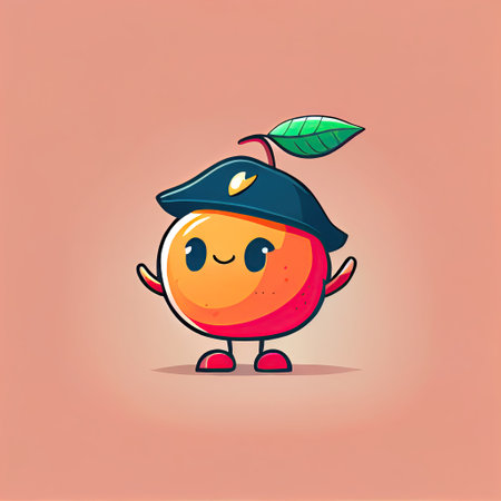 cute nectarine cartoon character in a captain cap, cartoon style, modern simple illustrationの写真素材