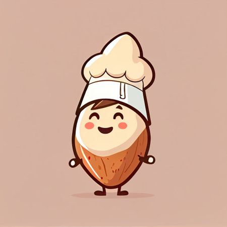 cute almond cartoon character in a chef hat, cartoon style, modern simple illustrationの写真素材