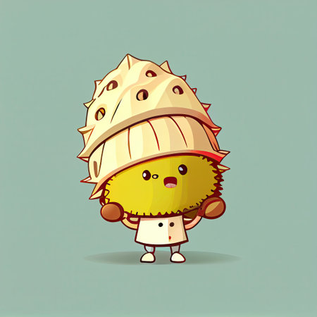 cute durian cartoon character in a chef hat, cartoon style, modern simple illustrationの写真素材