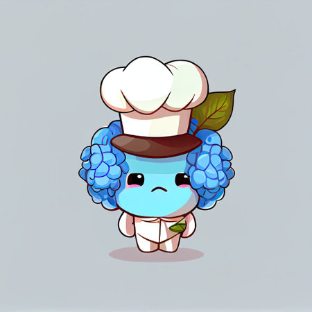cute hydrangea flower cartoon character in a chef hat, cartoon style, modern simple illustration