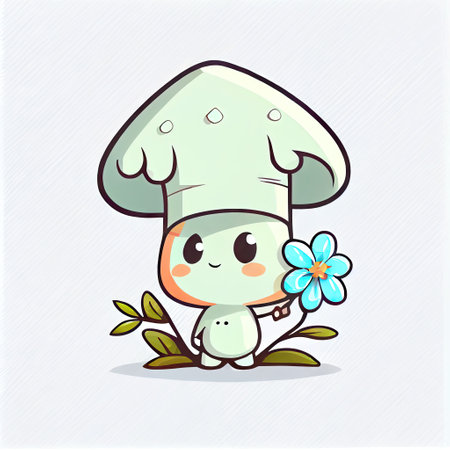 cute snowdrop flower cartoon character in a chef hat, cartoon style, modern simple illustrationの写真素材