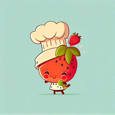 cute wildstrawberry cartoon character in a chef hat, cartoon style, modern simple illustrationの写真素材