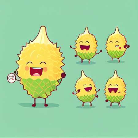 cute durian cartoon character in different poses, cartoon style, modern simple illustrationの写真素材