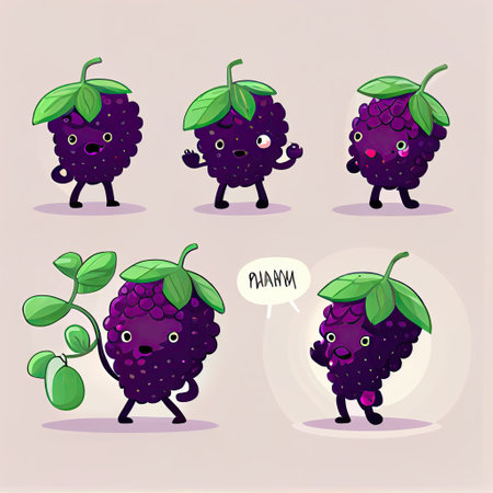 cute mulberry cartoon character in different poses, cartoon style, modern simple illustrationの写真素材