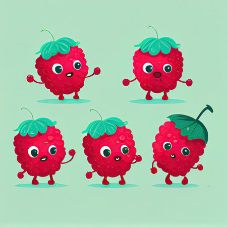 cute raspberry cartoon character in different poses, cartoon style, modern simple illustrationの写真素材