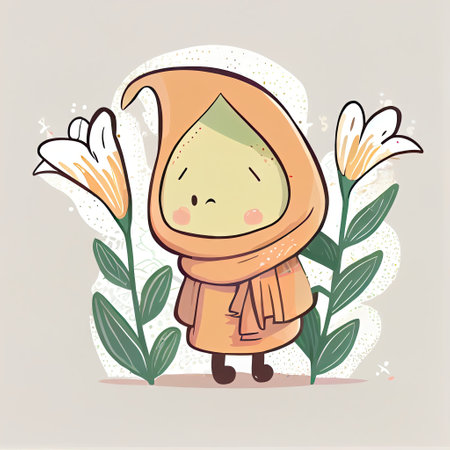 cute lily flower cartoon character in scarf, cartoon style, modern simple illustrationの写真素材