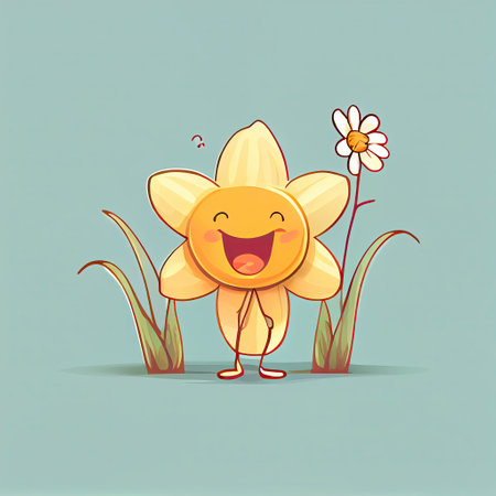 cute daffodil flower cartoon character laughs, cartoon style, modern simple illustrationの写真素材