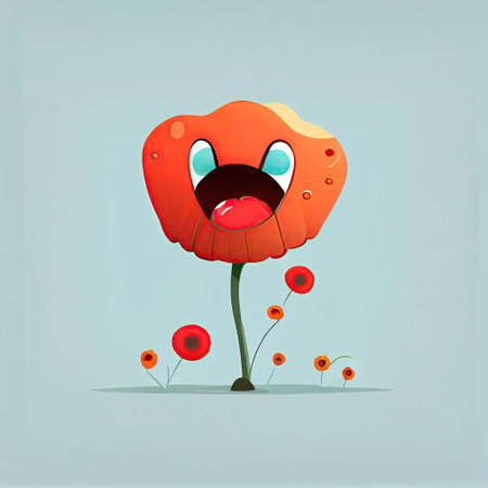 cute poppy flower cartoon character laughs, cartoon style, modern simple illustrationの写真素材