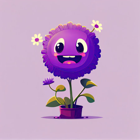 cute violet flower cartoon character laughs, cartoon style, modern simple illustrationの写真素材
