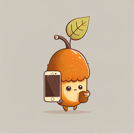 cute acorn cartoon character looking at the smartphone, cartoon style, modern simple illustrationの写真素材