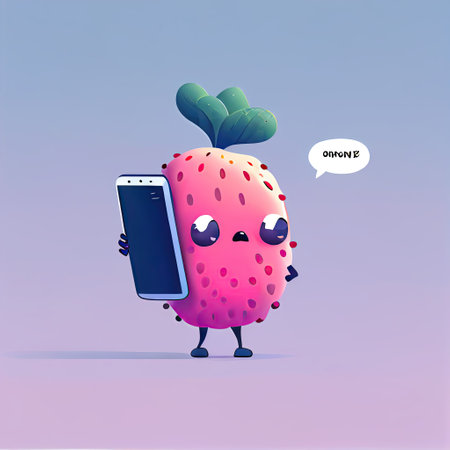 cute aroniaberry cartoon character looking at the smartphone, cartoon style, modern simple illustrationの写真素材