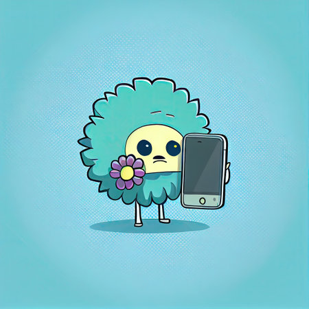 cute aster flower cartoon character looking at the smartphone, cartoon style, modern simple illustrationの写真素材