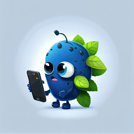 cute bilberry cartoon character looking at the smartphone, cartoon style, modern simple illustrationの写真素材