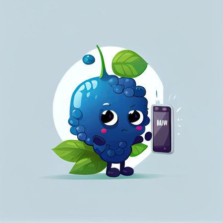 cute bilberry cartoon character looking at the smartphone, cartoon style, modern simple illustrationの写真素材
