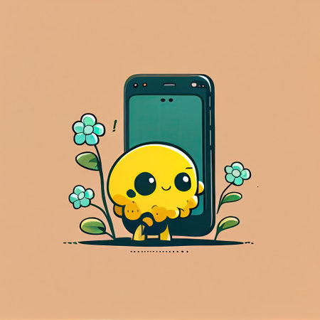cute buttercup flower cartoon character looking at the smartphone, cartoon style, modern simple illustrationの写真素材