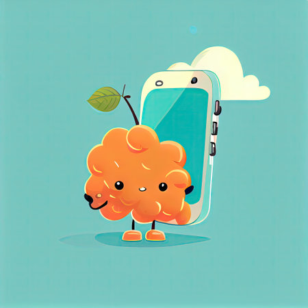 cute cloudberry cartoon character looking at the smartphone, cartoon style, modern simple illustrationの写真素材