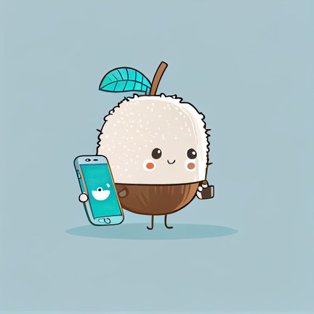 cute coconut cartoon character looking at the smartphone, cartoon style, modern simple illustrationの写真素材