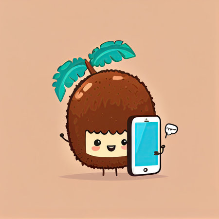 cute coconut cartoon character looking at the smartphone, cartoon style, modern simple illustrationの写真素材
