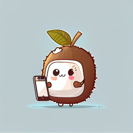 cute coconut cartoon character looking at the smartphone, cartoon style, modern simple illustrationの写真素材