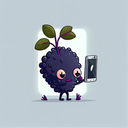 cute crowberry cartoon character looking at the smartphone, cartoon style, modern simple illustrationの写真素材