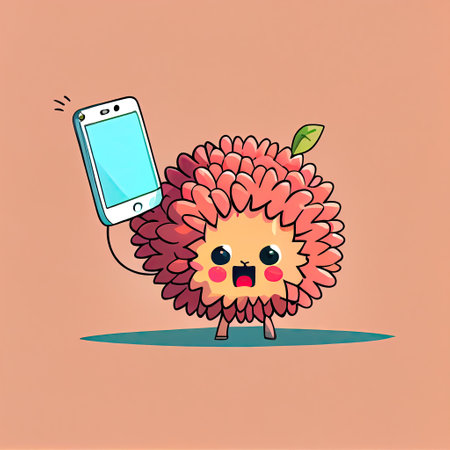 cute dahlia flower cartoon character looking at the smartphone, cartoon style, modern simple illustrationの写真素材