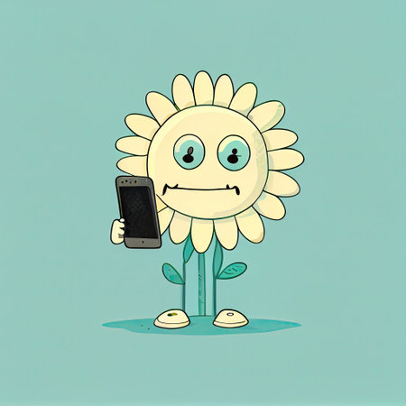 cute daisy flower cartoon character looking at the smartphone, cartoon style, modern simple illustrationの写真素材
