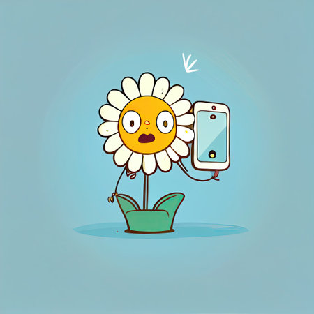 cute daisy flower cartoon character looking at the smartphone, cartoon style, modern simple illustrationの写真素材