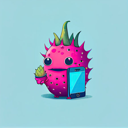 cute dragonfruit cartoon character looking at the smartphone, cartoon style, modern simple illustrationの写真素材
