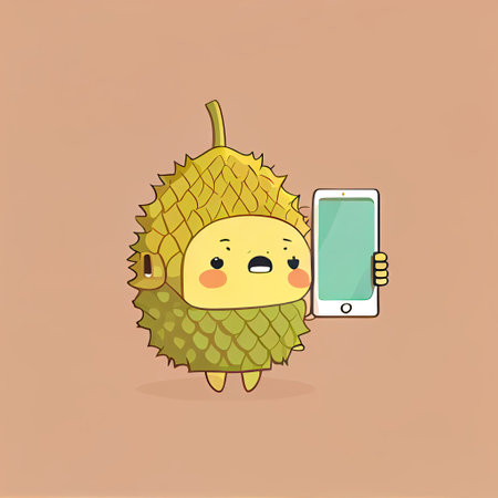 cute durian cartoon character looking at the smartphone, cartoon style, modern simple illustrationの写真素材