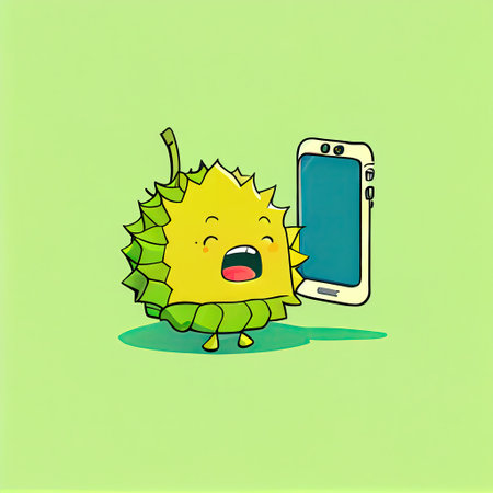 cute durian cartoon character looking at the smartphone, cartoon style, modern simple illustrationの写真素材