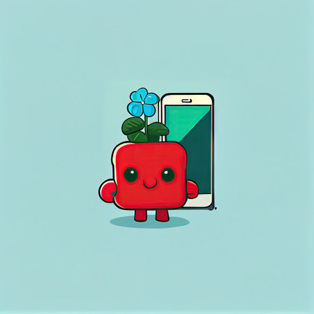 cute geranium flower cartoon character looking at the smartphone, cartoon style, modern simple illustrationの写真素材