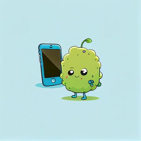cute gooseberry cartoon character looking at the smartphone, cartoon style, modern simple illustrationの写真素材