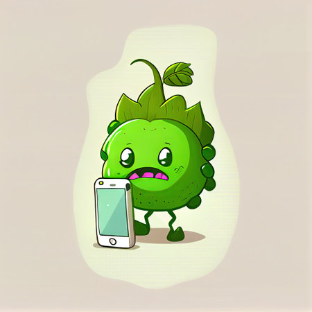 cute gooseberry cartoon character looking at the smartphone, cartoon style, modern simple illustrationの写真素材