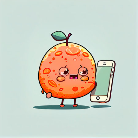 cute grapefruit cartoon character looking at the smartphone, cartoon style, modern simple illustrationの写真素材