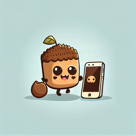 cute hazelnut cartoon character looking at the smartphone, cartoon style, modern simple illustrationの写真素材