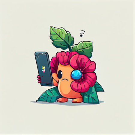 cute hibiscus flower cartoon character looking at the smartphone, cartoon style, modern simple illustrationの写真素材