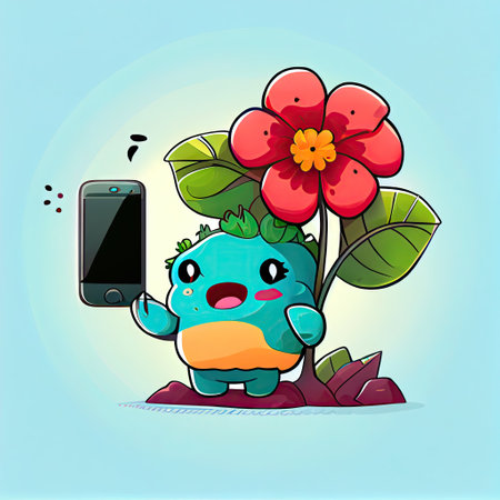 cute hibiscus flower cartoon character looking at the smartphone, cartoon style, modern simple illustrationの写真素材