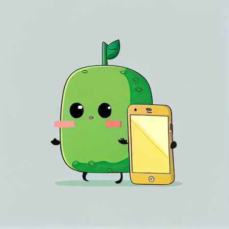 cute honeydew cartoon character looking at the smartphone, cartoon style, modern simple illustrationの写真素材