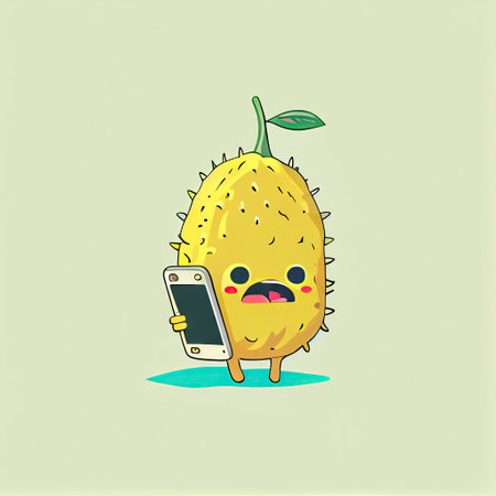 cute jackfruit cartoon character looking at the smartphone, cartoon style, modern simple illustrationの写真素材