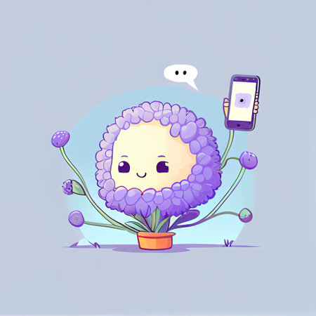 cute lavender flower cartoon character looking at the smartphone, cartoon style, modern simple illustrationの写真素材