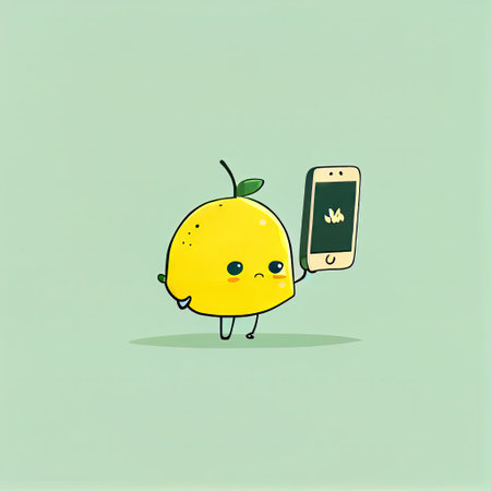 cute lemon cartoon character looking at the smartphone, cartoon style, modern simple illustrationの写真素材