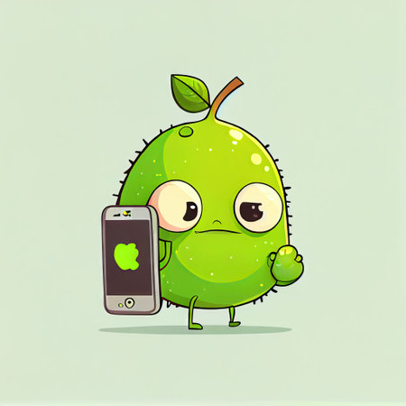 cute lime cartoon character looking at the smartphone, cartoon style, modern simple illustrationの写真素材