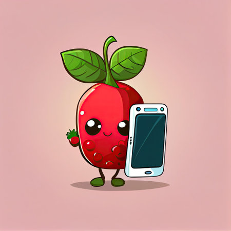 cute lingonberry cartoon character looking at the smartphone, cartoon style, modern simple illustrationの写真素材