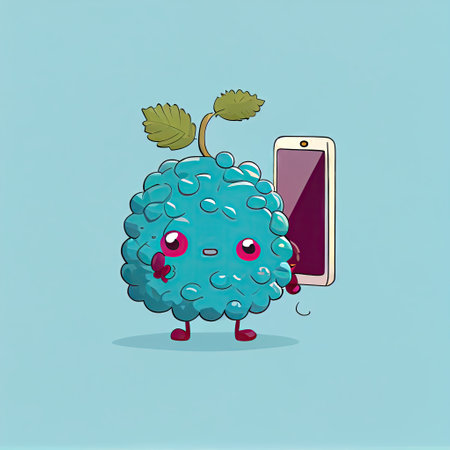 cute loganberry cartoon character looking at the smartphone, cartoon style, modern simple illustrationの写真素材