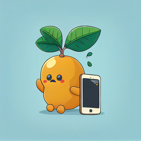 cute loquat cartoon character looking at the smartphone, cartoon style, modern simple illustrationの写真素材