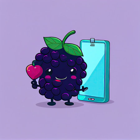 cute marionberry cartoon character looking at the smartphone, cartoon style, modern simple illustrationの写真素材