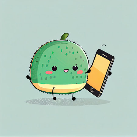 cute melon cartoon character looking at the smartphone, cartoon style, modern simple illustrationの写真素材